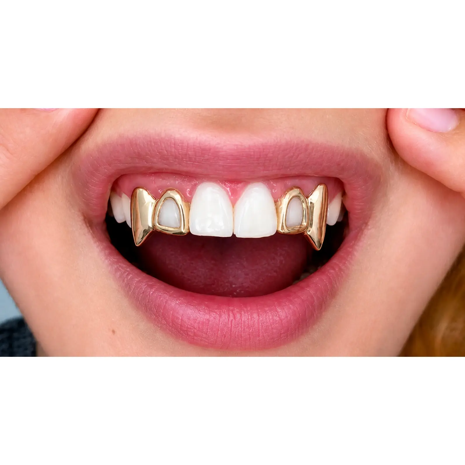 14K Gold Plated Open Face Upper Left & Right Double Fang Grillz 2pc Set