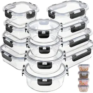 12Pack Kitchen Organizer Glass Food Containers with Black Utensils, BPA-Free Airtight Lids, Microwave Dishwasher Safe for Fridge Freezer Office Lunch, Perfect Valentine’s Day Gift