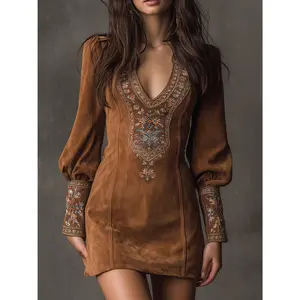Women's Vintage Bohemian Skirt - Caramel Brown Heavy Embroidery V-Neck Short Skirt with Lantern Sleeves, -Line Pencil Skirt Suitable for Vintage Parties, Weddings & Themed Events
