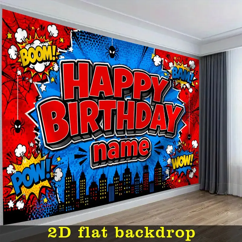 2D Flat, 2D Flat - 2D Flat Banner, 1pc Red Blue Comic Spider City Pop Art Boy Birthday Backdrop Custom Birthday Backdrops, Featuring Names Or Photos, Suitable for Indoor And Outdoor Garden Decorations