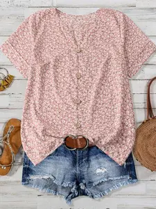 【Plus Size】 Ditsy Floral Print Blouse Top, Casual Short Sleeve Button Shirts Top for Daily Wear, Women's Plus Clothing for All Seasons