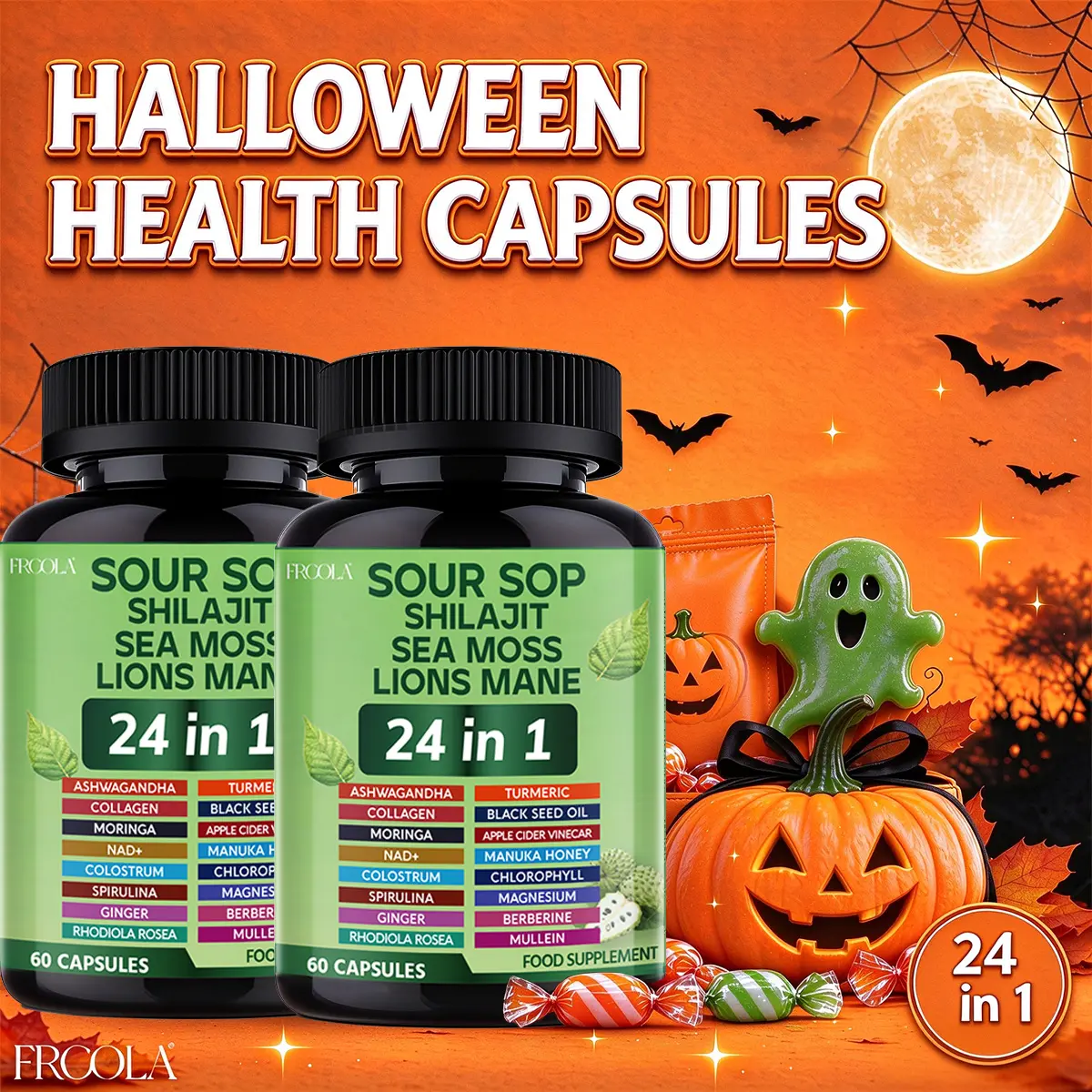 FRCOLA 2-Pack Supply 24 In 1 Soursop Dietary Capsules - Mineral-Infused Natural Healthcare Daily Supplements with Shilajit, Sea Moss, Lion's Mane - Prop 65 Safe Herbal Overall Wellness Support