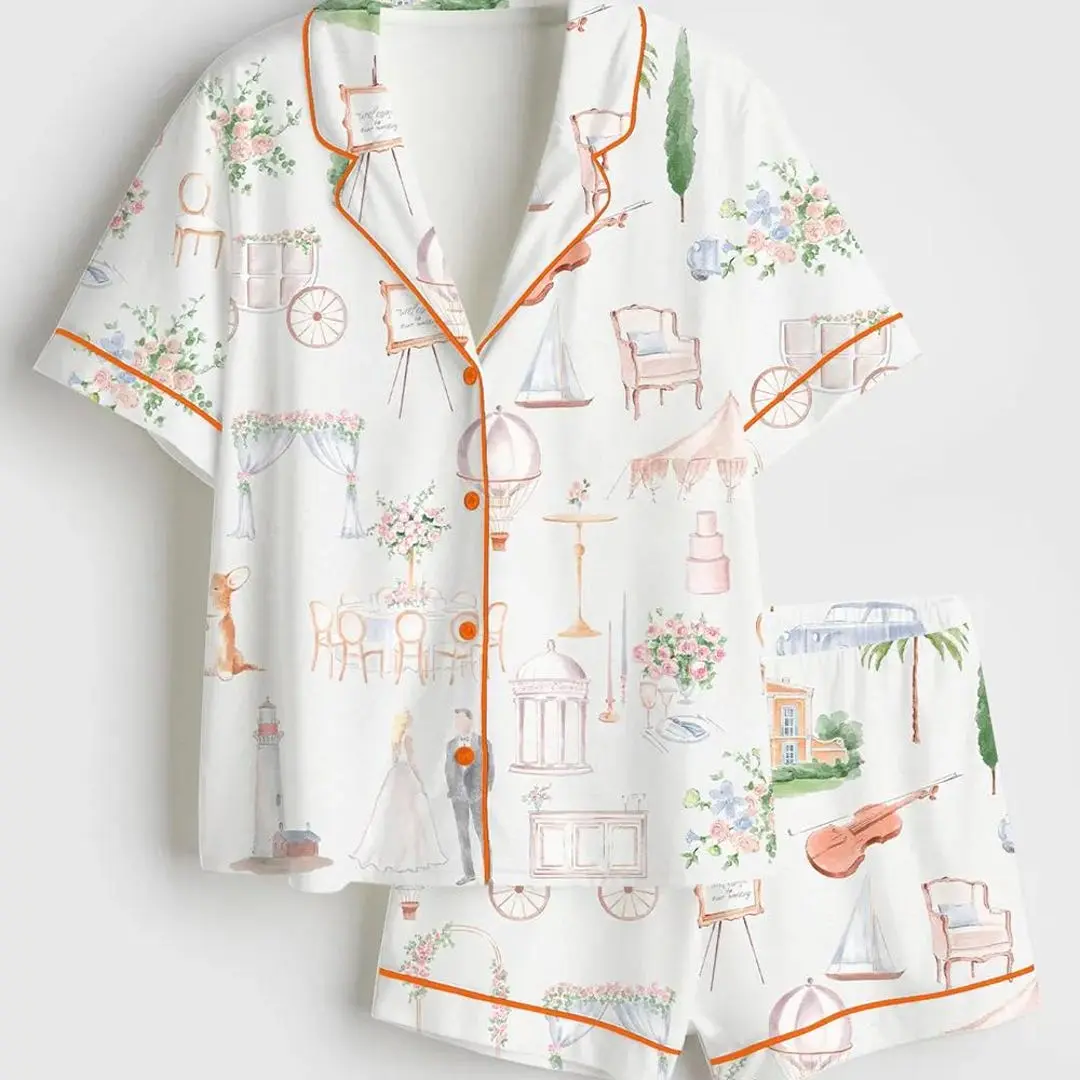 Women's Watercolor Wedding Short Sleeve Pajama Set – Silky Satin Bridal Loungewear