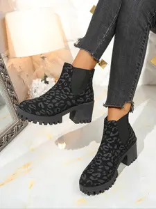 Women's Leopard Print Chelsea Boots, Thick Sole Chunky Heel, Elastic Side Straps, Casual Fall & Winter Shoes, Trendy Party Footwear, Thick Heeled Boots