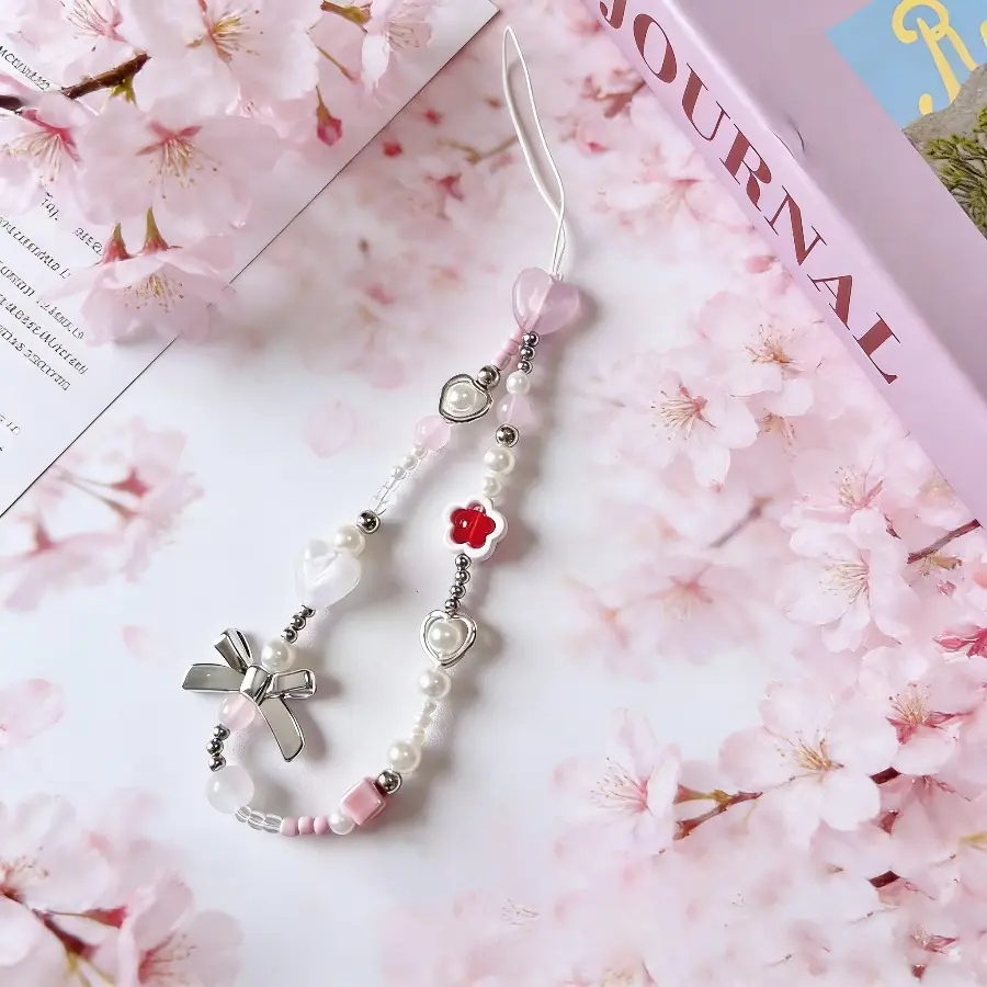 Love Heart Sakura Pink Bohemian Beaded Phone Charm Wrist Strap Phone Accessory for CCD Cameras