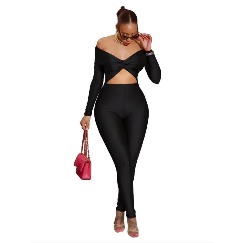 Women's Off The Shoulder Cut Out Jumpsuit, Solid Long Sleeve Twist for Party Club Dating, Chic, Contemporary, Bodysuit, Lightweight, Glamorous, Evening Wear, Event Wear, Modern, Cozy, One Piece, Easy Wear