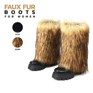 Fur Boots For Women Knee High Boot Round Toe Chunky Block Heel Side Zipper Comfortable Fluffy Furry Warm Fold Over Boot Fashion Winter Party Date Dress Trendy Y2K Shoes