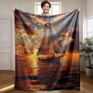 1 piece The sailboat sails quietly under the sunset. themed flannel blanket - Flannel blanket with modern design, suitable for sofas and beds, all-season use, super soft and comfortable, digitally printed pattern, 100% polyester material, machine