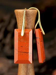 Square Natural Stone Pendant Earrings, Vintage Geometric Cut Design, Crystal & Quartz Gemstone Jewelry, Copper