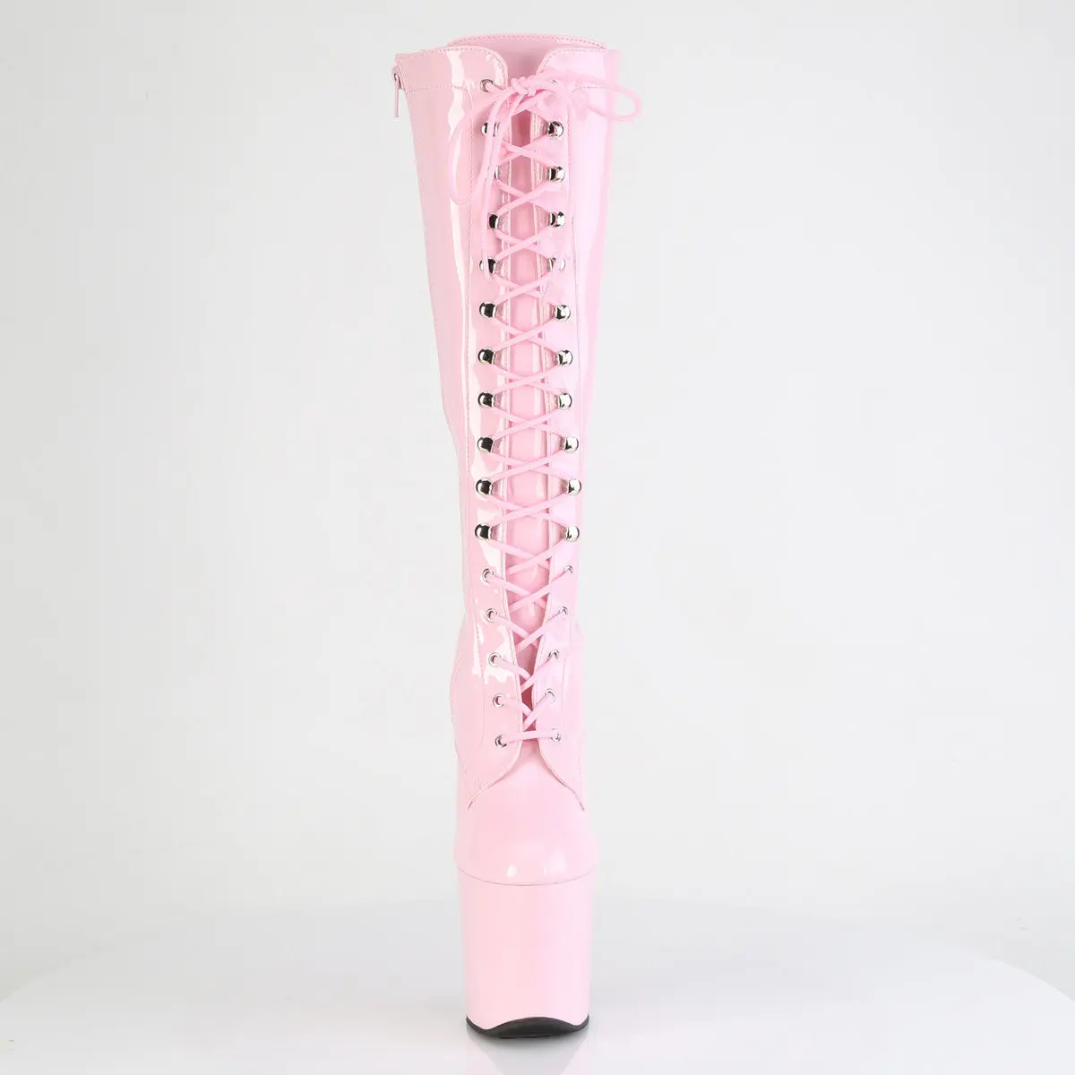 Women's Lace-Up Knee High Boots with 8-Inch Heelless Platform, Convertible Wedge, Glossy Synthetic Patent Finish & Inner Zipper for Photo Shoots, Footwear, Shoe, 8 In, Stage Wear, Stretch Patent, Full Inner Side Zipper, Glossy Fitted Construction