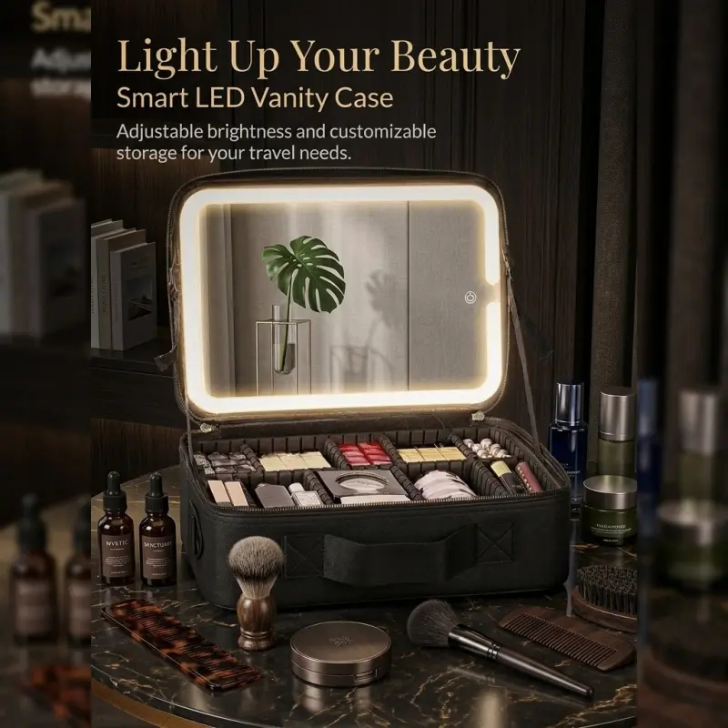 Smart LED Vanity Case With Led Lighting And Lighted Mirror, Portable Makeup Organizer With Adjustable Dividers And Brightness Control, Suitable For Daily Makeup, Travel And Professional Beauty Use
