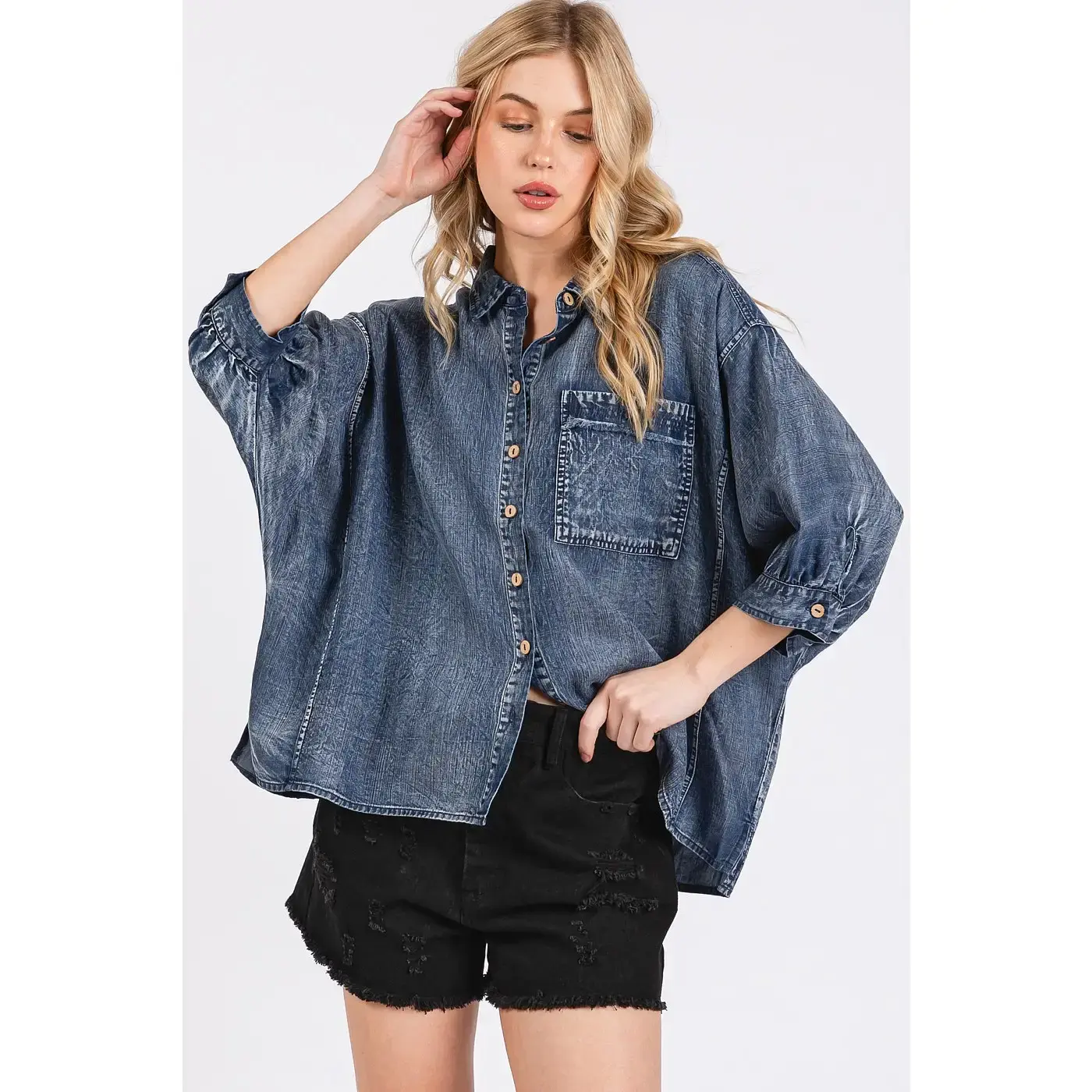 Washed Tencel Chambray Dolman Sleeve Shirt