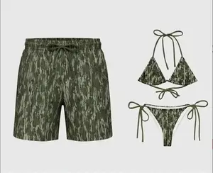 Couple Matching Camo Swimwear Set – Women's Tie Bikini & Men's Drawstring Beach Shorts