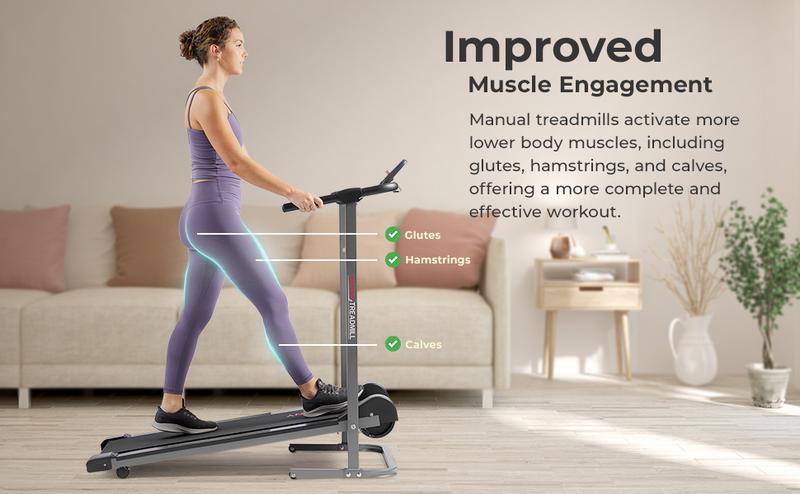 Sunny Health & Fitness Slim Foldable Manual Treadmill, Home Gym Workout Fitness, Fixed Incline, Shock-Absorbent 42" x 13" Deck, Performance Monitor, Compact Space-Saving Design for Walking/Jogging/Running, 330 lbs Capacity