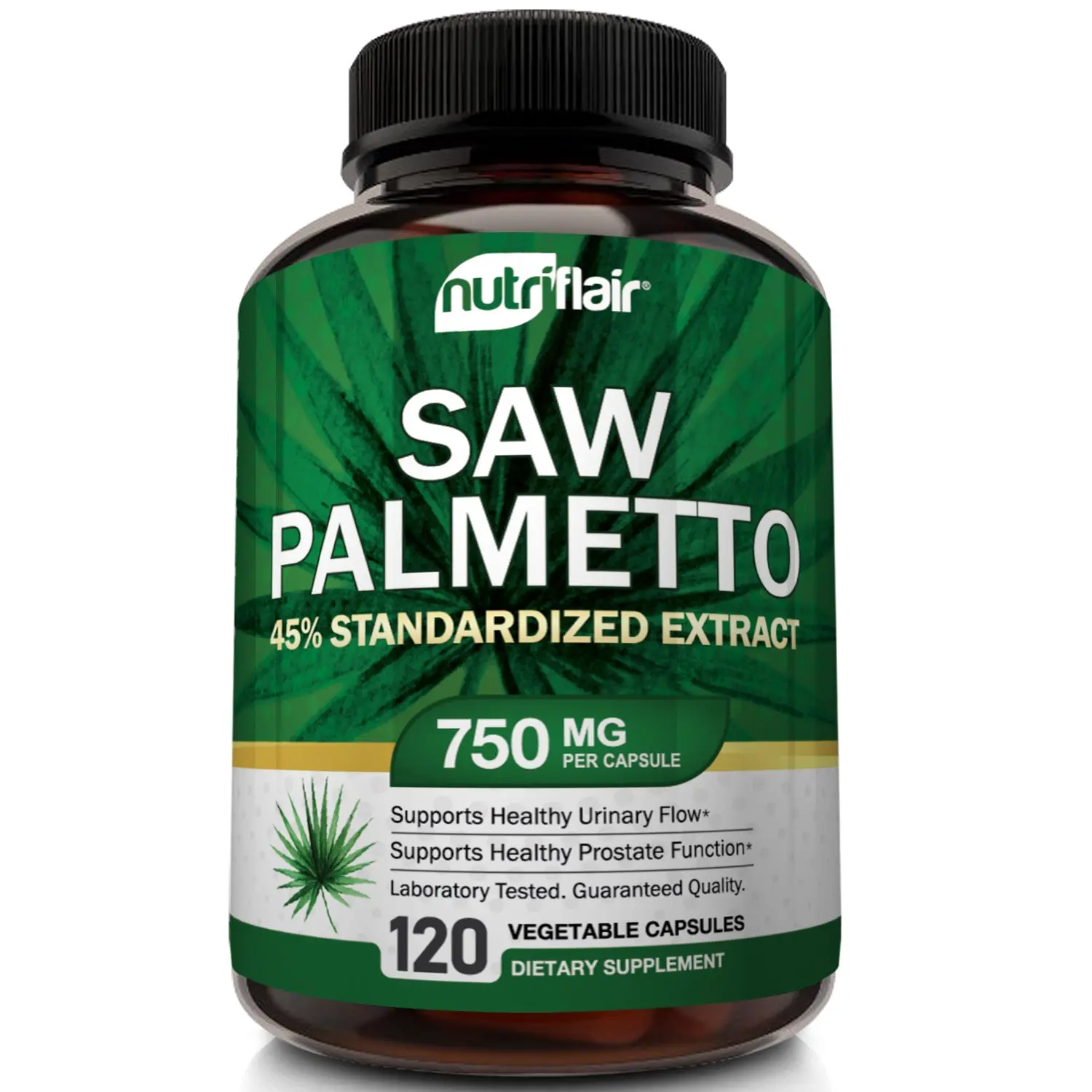 NutriFlair Premium Natural Saw Palmetto Berry Extract 750mg Capsules Vitamins Supplements - Prostate Support, Health and Wellness, Body Health - 120 Capsules