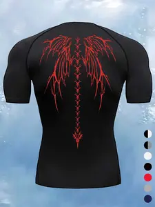 Men's Wing Print Compression Sports Tee, Quick Drying Breathable T-shirt for Summer, Comfy Men's Sportswear for Outdoor Gym Running