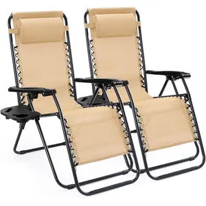 Set of 2 Folding Zero Gravity Chairs, Portable Camping Recliners with Mesh Back & Cup Holder, Adjustable Lounge Chairs for Beach, Lawn, Patio, Outdoor Travel