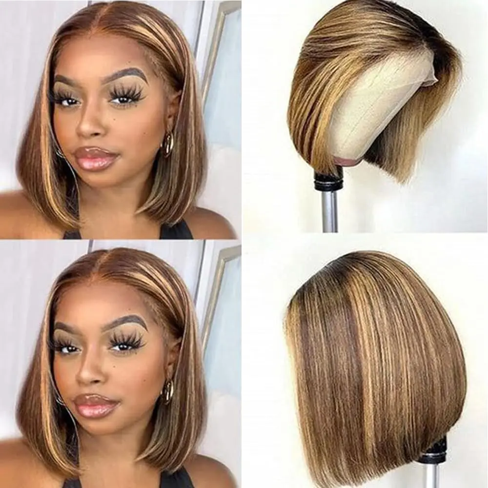 GK 4/27 Highlight Ombre Bob Wig Human Hair Straight Honey Blonde Wig Human Hair 13x4 Hd Transparent Lace Frontal Wigs Human Hair Pre Plucked With Baby Hair 180 Density Glueless Bob Wig for Women 14 Inch