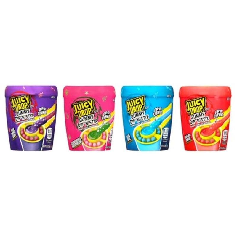 Juicy Drop Gummy Dip 'N Stix Assorted Candy Variety Pack, Sweet Gummy Sticks W/ Sour Dipping Gel, 8 Pack, Assorted For Kids Parties and Party Favors, Sour Candy Variety Pack for Kids
