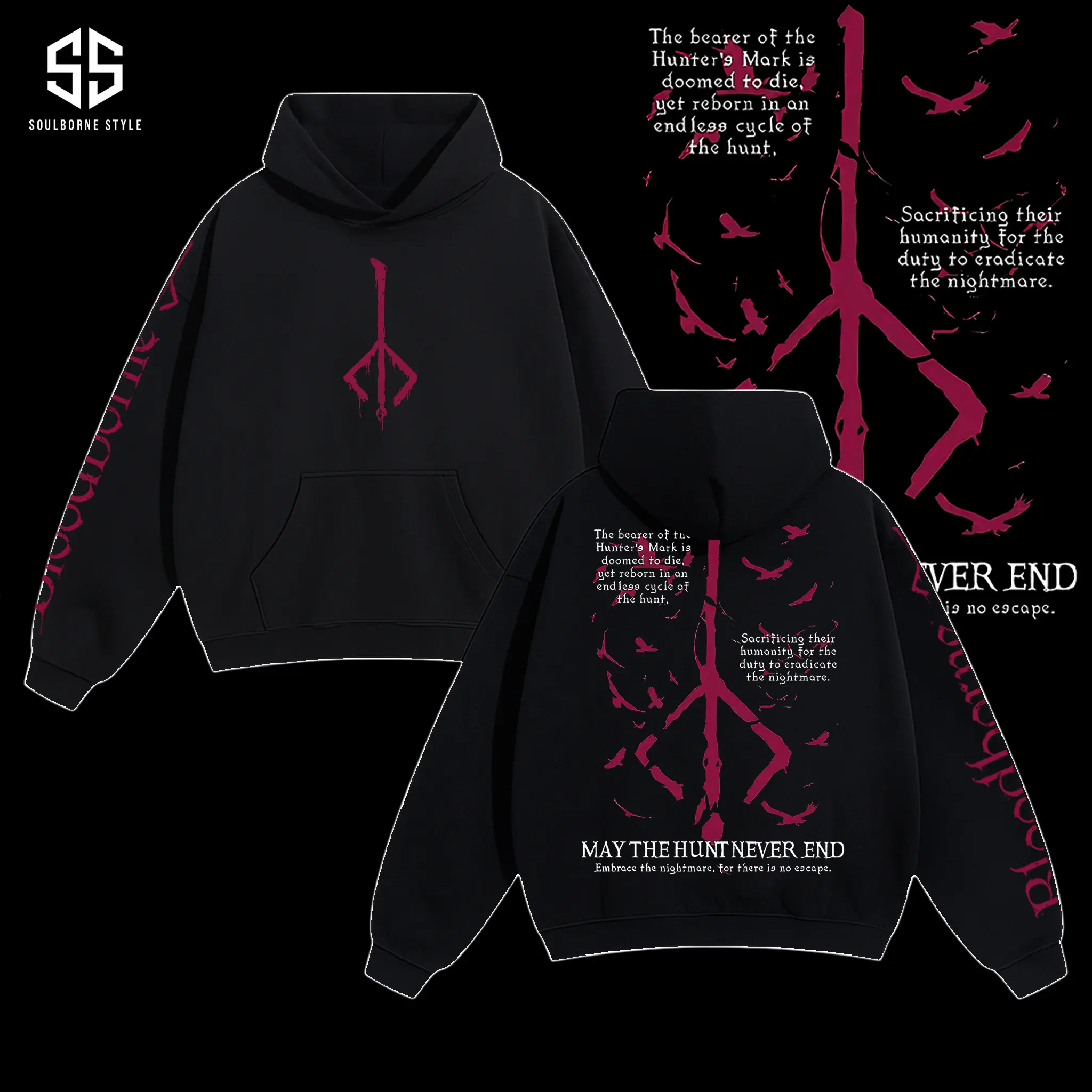 [Soulsborne Style] Vintage May the Hunt Never End - Bloodborne Unisex Hoodie, Soulsborne Gaming Apparel, Game Shirt, Video Game Clothes, Boy Merch, Gift For Him, Gift For Her, Soulslike Streetwear