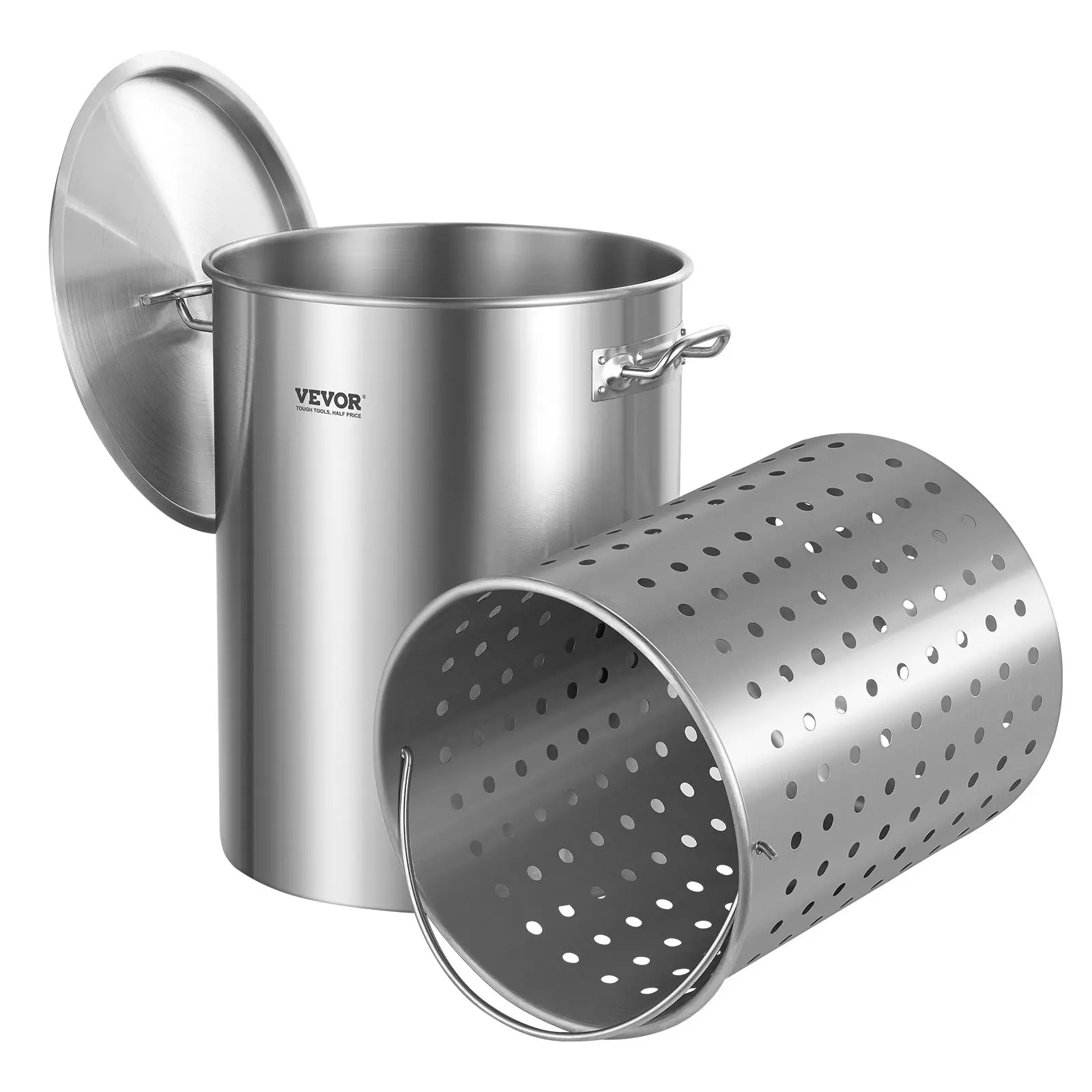 VEVOR 36 Qt Heavy-Duty Stainless Steel Stockpot with Lid, Basket, Strainer, Riveted Handles and Sanding Treatment - Gas Stove Safe Commercial Grade Cookware for Steaming, Frying