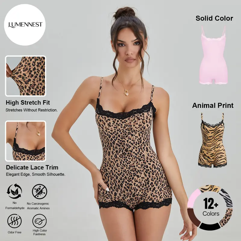 LUMENNEST Women's Minimalist Tiger-Inspired Animal Print Thin-Strap Lace Trim Bodysuit Jumpsuit - Nylon Compression Shapewear, Seamless Breathable Bdy Suit