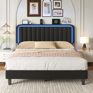 Mraeer LED Bed Frame for Queen Full with Headboard & Storage Shelf, Modern Wood Platform Bed Frame with LED Lights & Charging Station, No Mattress, No Noise, Holds up to 1000LBS with Metal Slats & Frame for Bedroom, Apartment