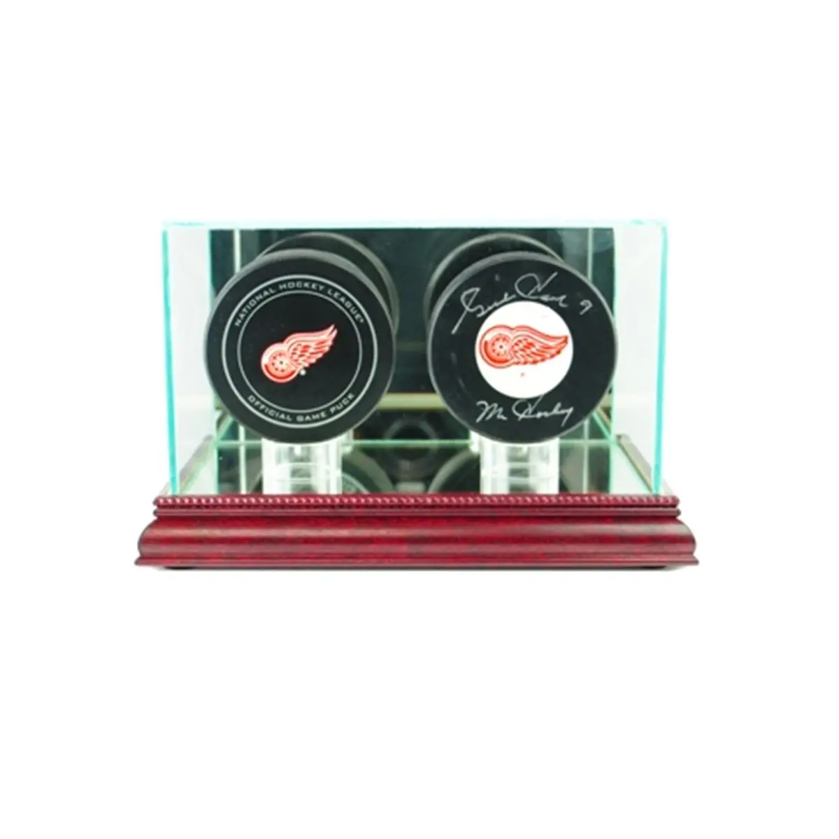 212 MAIN Acrylic & Wood Double Hockey Puck Display Case - Cherry Finish, UV-Protected, Mirror Back, Signature-Safe, Autograph-Friendly Sports Collectibles Accessory with 2 Holders