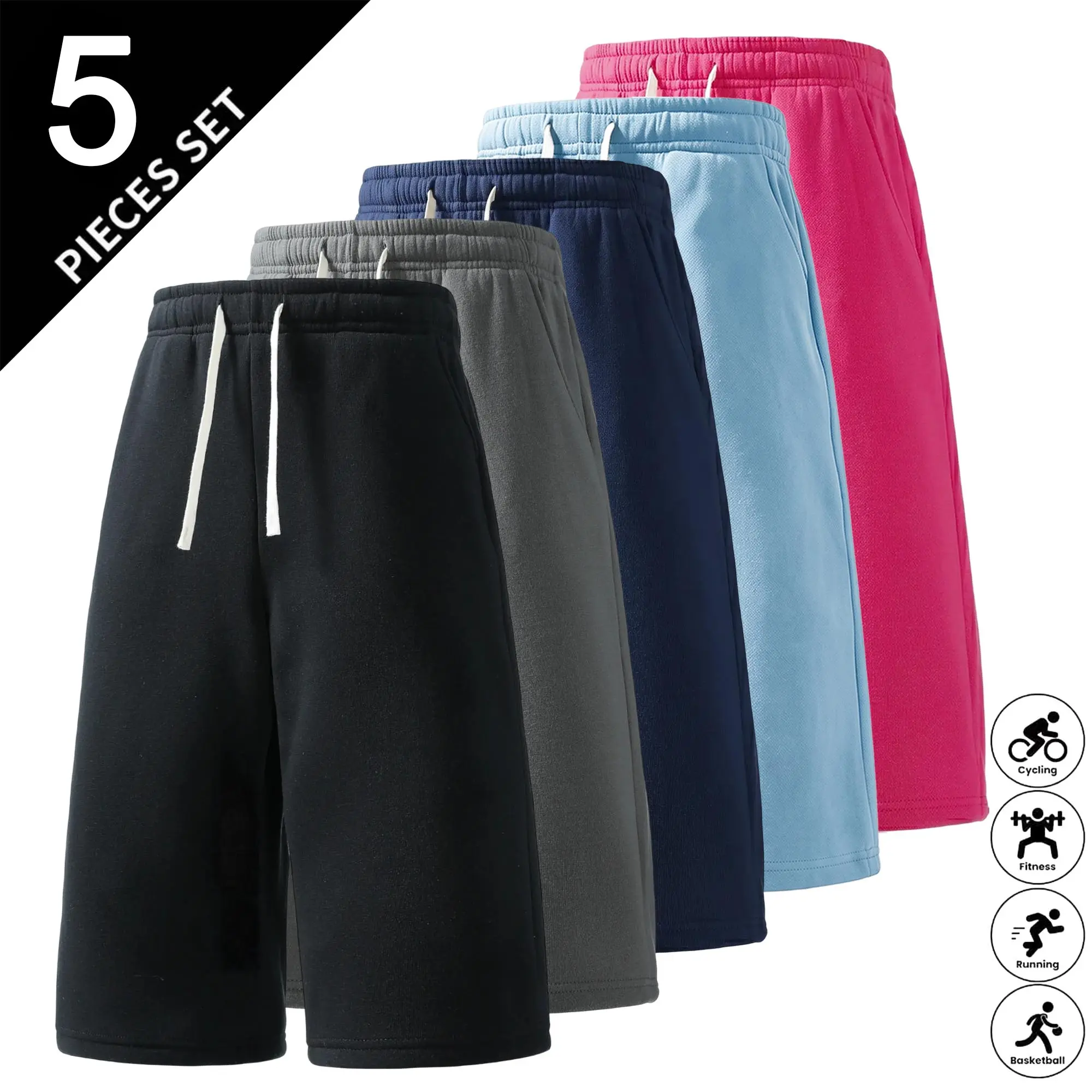 5-Pack Men’s Drawstring Wide-Leg Knit Jogger Shorts, Loose Fit, Sport & Fitness, Summer Below-Knee Length, Casual & Versatile