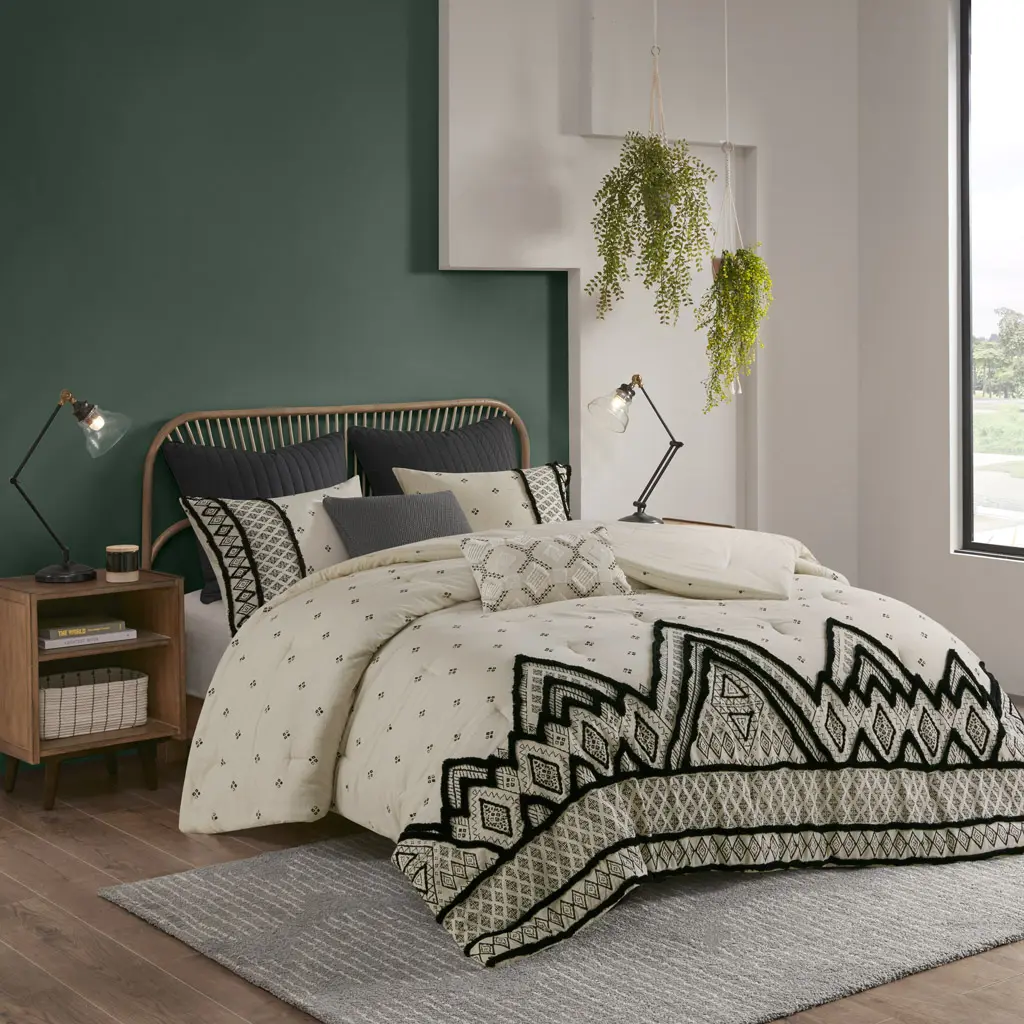Natural 3-Piece Chenille Textured Cotton-Flax Linen Blend Comforter Set - Black Diamond Print, Chenille Textured Trim, Modern Boho Style, Hidden Bar Tacking, Machine Washable, Geometric