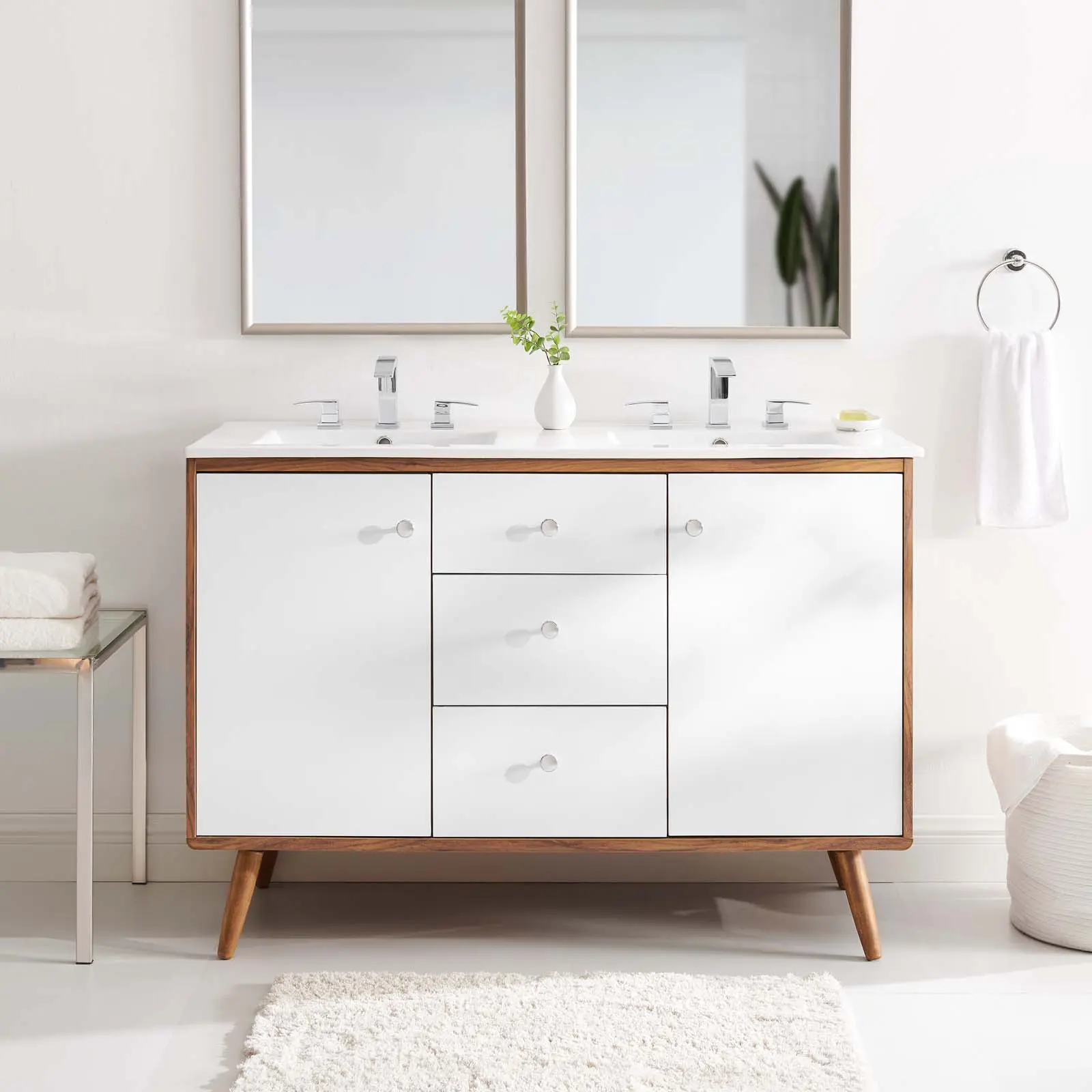 Modway Transmit 48" Double Sink Bathroom Vanity, Walnut White Finish, Modern Bathroom Fixture Sets