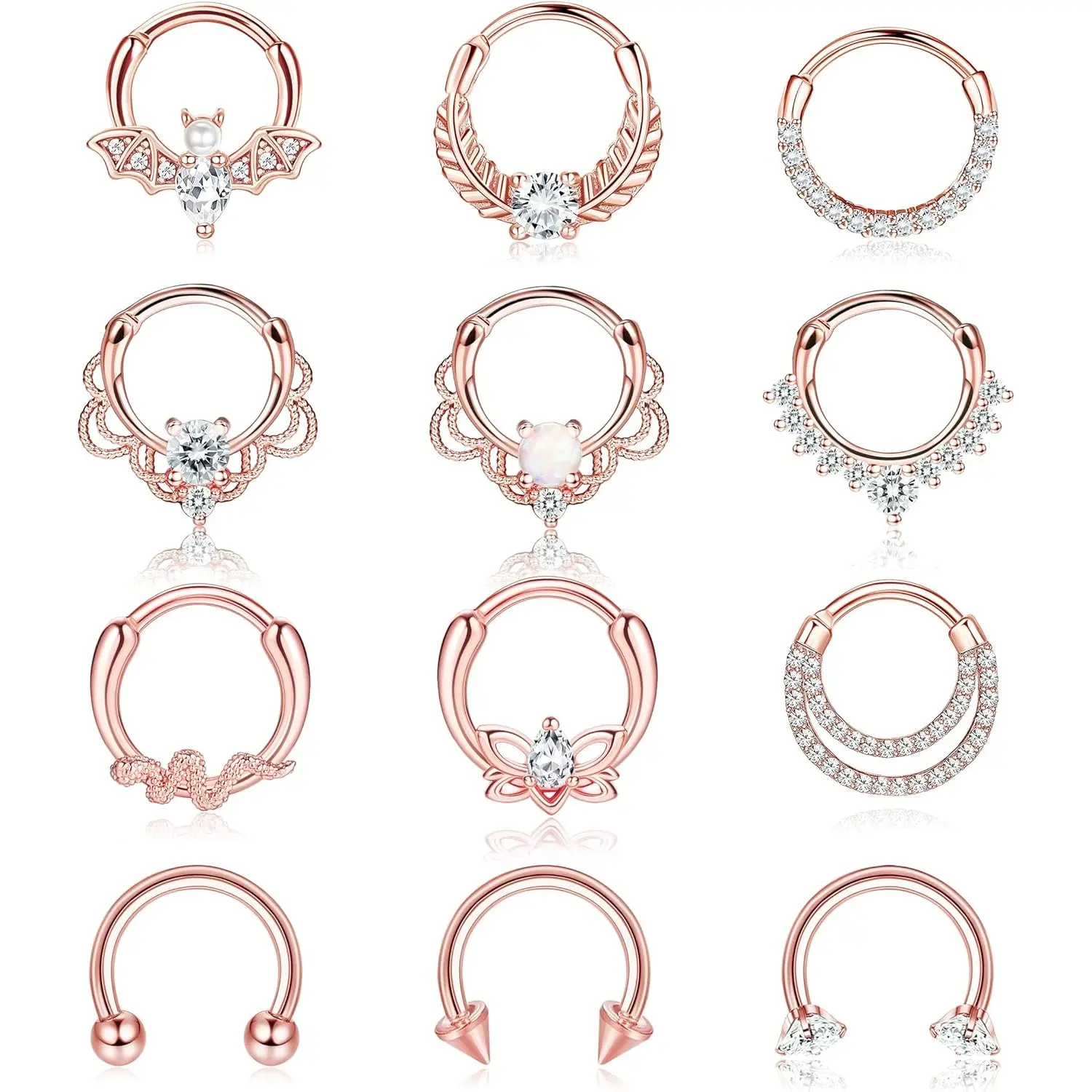 12-Piece Septum Clicker Ring Set, 16G Stainless Steel Body Jewellery with CZ & Opal, Hypoallergenic Helix Hoops for Daith & Cartilage Piercings, Clickers, Hypoallergenic Cubic Zirconia, Affordable Fashion, Daily Wear, Tragus Hoop