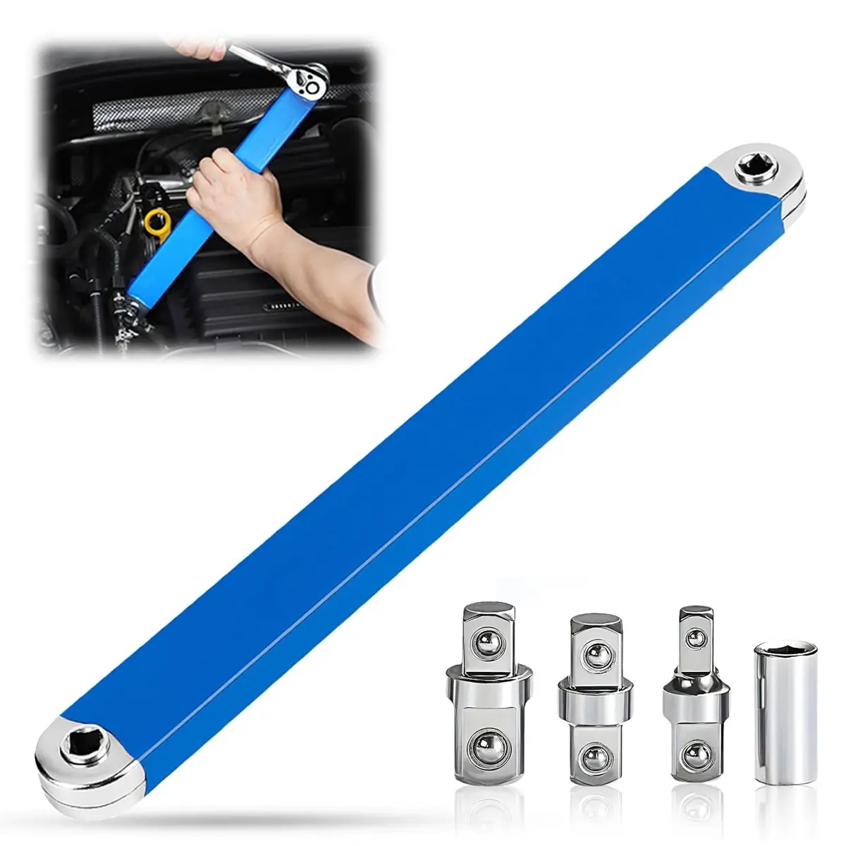 Upgraded Offset Extension Ratchet Wrenches Set, 15.4 in Tight Reach Tool with 1/4", 3/8", 1/2" Square Drive 4 Adapters, 0.63 Inches Thick High Carbon Steel Construction, High-Strength Chain for Automotive Repair