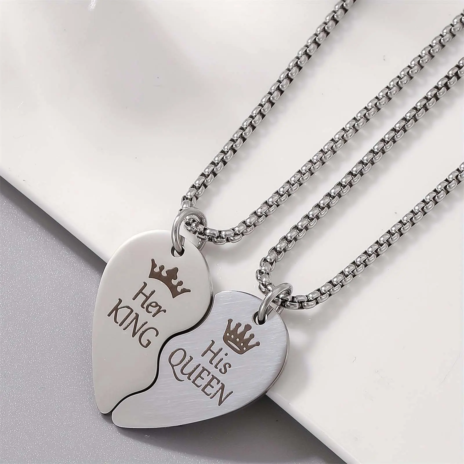 King & Queen Heart Matching Couple Necklaces Set – Stainless Steel Jewelry for Men & Women, Personalized Gift