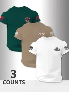 3-Pack Plus Size Men's T-Shirts, Usa Patriotic Print Set, Flag Gun Design, Three Colors, Casual Loose-Fit Long Tee