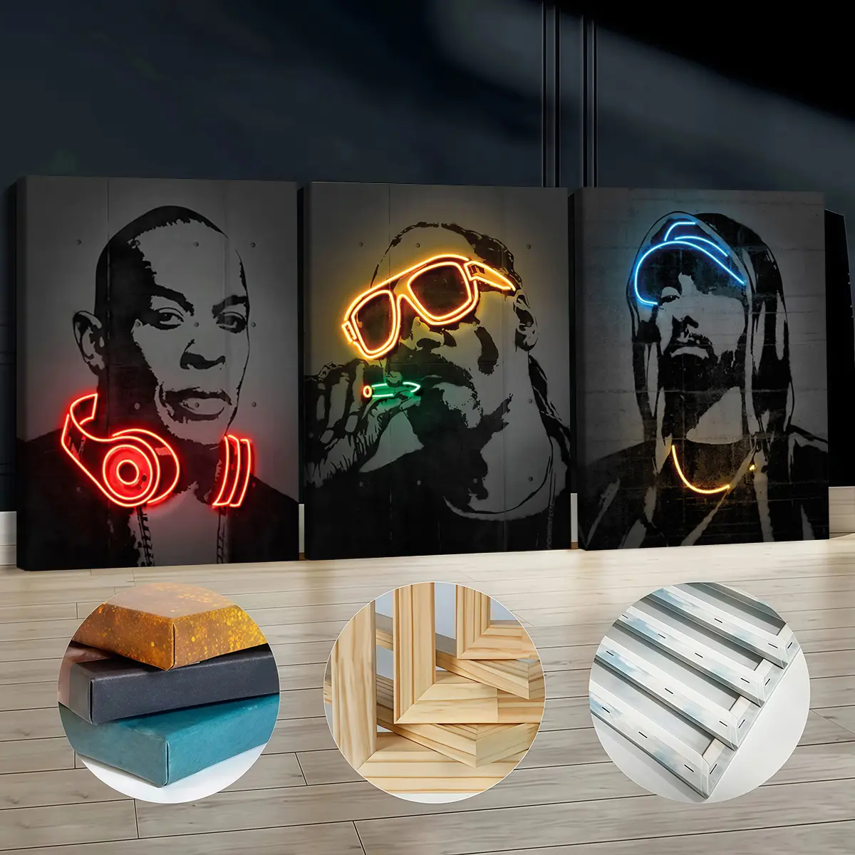 3Pcs Artistic Wooden-Framed Canvas Print Set - Modern Cool Design Neon Rapper Music Art, 30x40cm(11.8x15.7inch) Odorless Wall Decor for Living Room, Bedroom Home Supplies