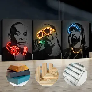 3Pcs Wooden Framed Canvas Painting, Neon Rapper Portraits, Exquisite Poster, Home Decoration, Pattern Wall Art Decor, For Living Room, Bedroom, Office, Restaurant, Bar Wall Decor, Odorless, Painting, Print Artwork.