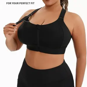 【Plus Size】 Criss Cross Zipper Front Wireless Sports Bra, Solid Adjustable Strap High Stretch Yoga Bra, Women's Sport Clothing for Indoor Outdoor Wear