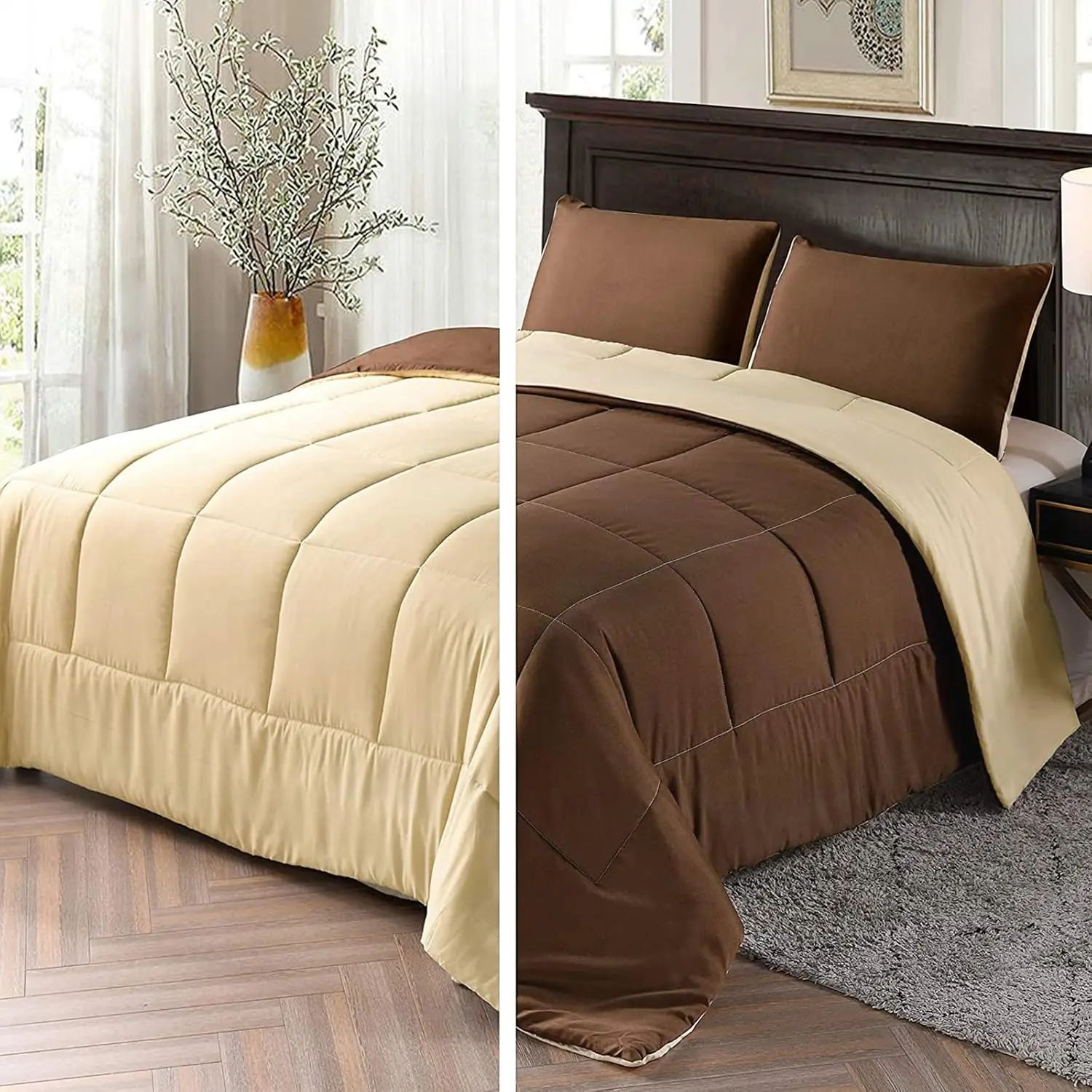 Queen Size Durable Down Alternative Comforter Set - Square Stitch, Exquisite Stitching, Lightweight 3-Season Use, 1 Comforter with 2 Pillow Shams, Neutral Tones Brown/Khaki, Vacuum Sealed, Machine Washable