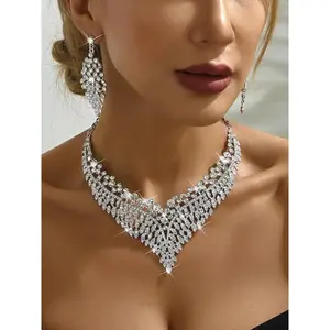 Women's Elegant Rhinestone Decorated Jewelry Set, Fashionable Jewelry Set, Exquisite Trendy Necklace & Dangle Earrings, 2024 New Style Chic Jewelry Set for Party & Wedding Decor
