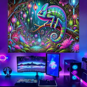 2D flat 1pc Anime Chameleon Leaf Tapestry, UV Reactive Fantasy Wall Hanging, Polyester Knit Fabric, 85gsm, Multifunctional Aesthetic Home Decor for Bedroom, Living Room, Office - No Electricity Needed art