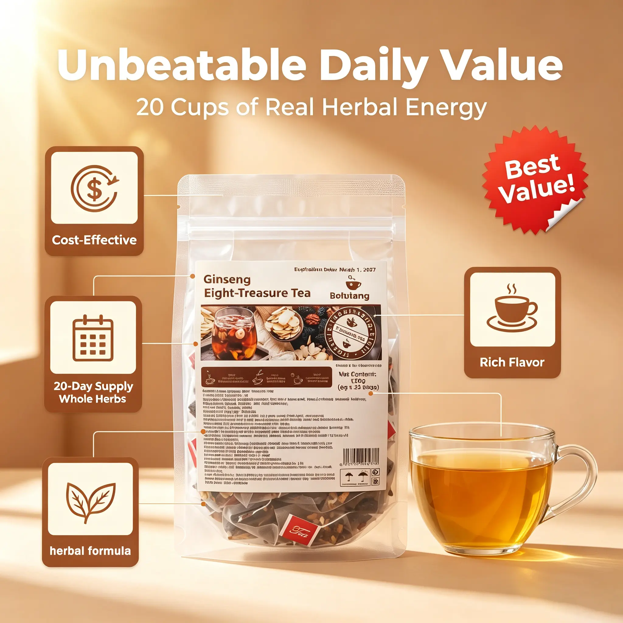 Ginseng 8 Treasure Herbal Tea Bags - 20 Count Natural Daily Wellness Energy Blend, Premium Whole Herbs (Ginseng, Wolfberry, Red Dates, Maca Root), No Tea Dust, Pyramid Filter Bags for Office Use