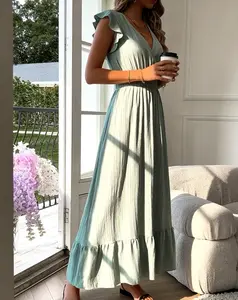 Mint Green Boho Maxi Dress Ruffle Sleeve V-Neck Smocked Waist Tiered Sundress Soft Drapey Fabric Versatile Styling Options for Casual and Evening Wear