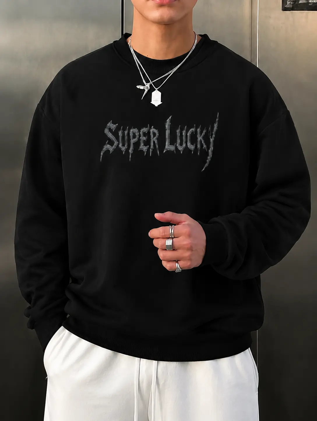 Men's Oversized Crewneck Sweatshirt Cotton Blend Fleece Super Lucky Metal Graphic Chest Print Long Sleeve Fall Winter Streetwear Loose Fit Multi Sizes,S-3XL Casual Menswear Hoodie Stylish Tops Pullover Retro Western with