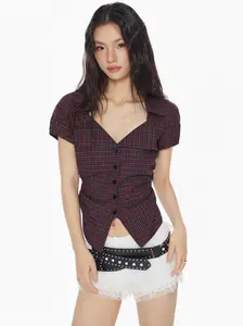 100% Cotton Tartan Split Gingham Ruched Shirt