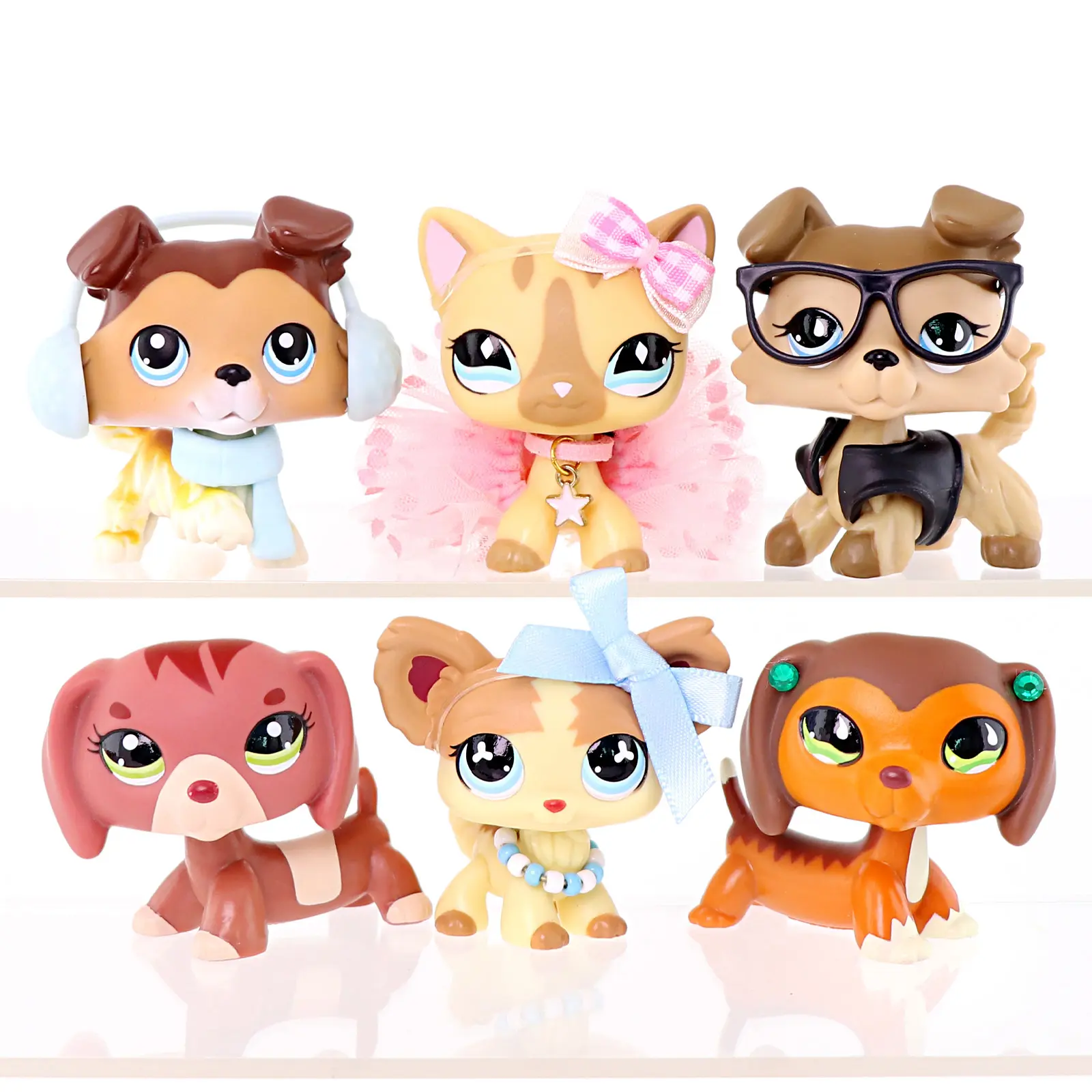 6Pcs Cute Mini Pet Figurines Set, Kawaii Cartoon Cat & Dog Figures with Tutu Skirt, Bow, Glasses, Earmuffs Accessories, Collectible Animal Toy, Desk Ornament, Birthday Gift for Girls Kids
