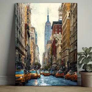 1pc New York City Skyline Canvas Poster - Mid-Century Modern Manhattan Street Art Print with Empire State Building, Times Square - Ready-to-Hang Framed Wall Decor for Living Room, Office, New York-Themed Spaces