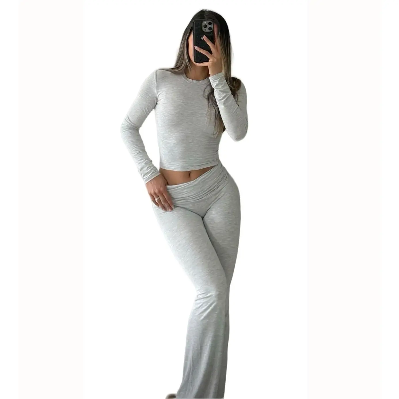 Casual Workout Two Piece Outfits for Women Long Sleeve Crop High Waist Foldover Flare Pants Tracksuit Sets Streetwear