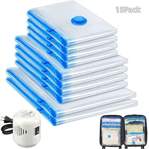 15Pack Cozy Essential Travel Vacuum Storage Bags with Rechargeable USB Pump, Space Saver Bags for Luggage, Suitcase, Carry-On, for Clothes, Blankets, Bedding & Seasonal Storage