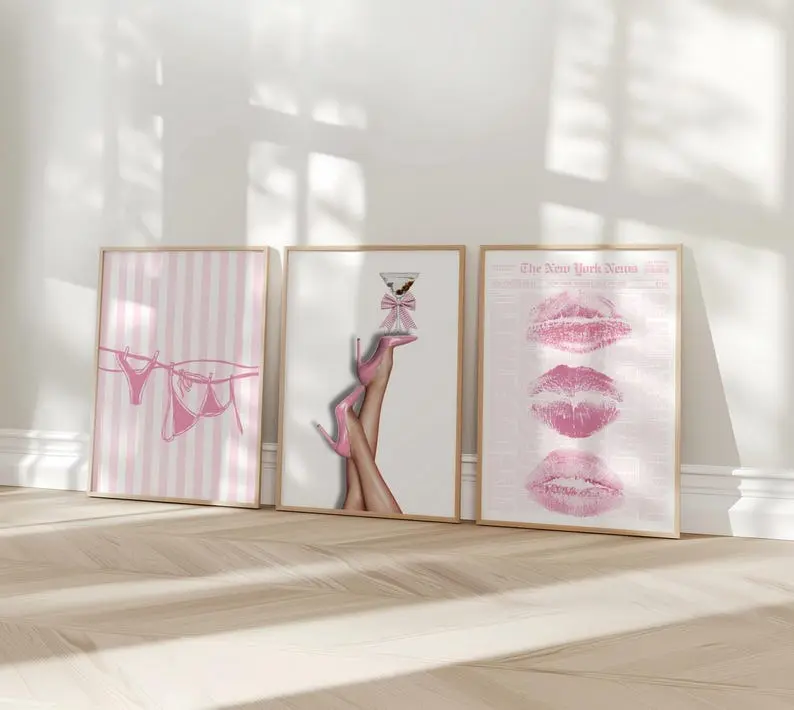 Retro Coquette Wall Art Set of 3 – Pink Lips, Bikini & Bow Heels Prints – Y2K Girly Room Decor, Dorm Aesthetic Posters